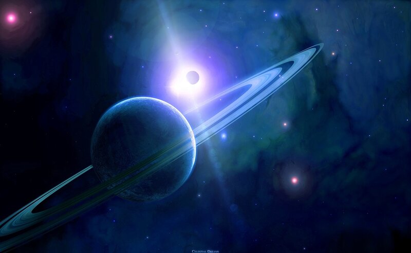 Planet with Rings in Space — Blue, Cosmic, Night, Digital Art, Stars