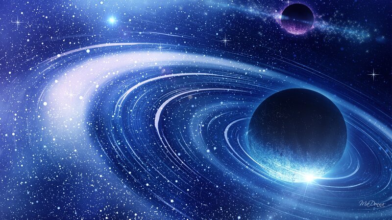 Planet with Rings in Space — Blue, Cosmic, Night, Digital Art
