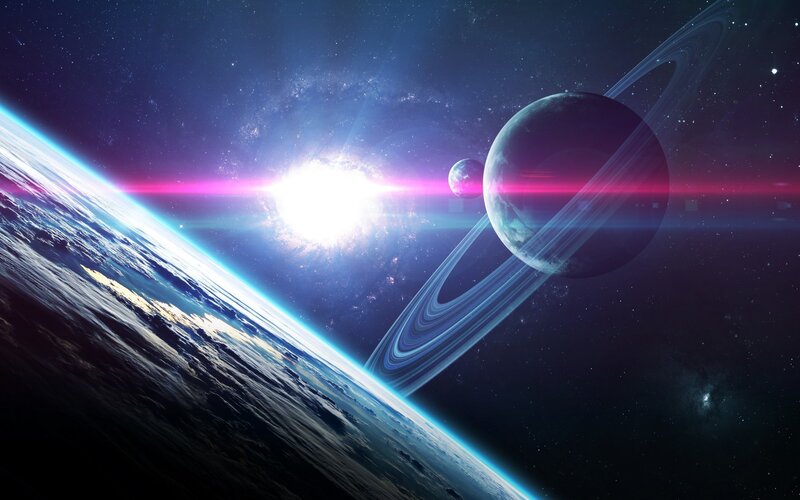 Planet with Rings in Space — Blue, Dramatic, Digital Art, Earth