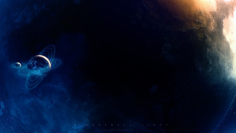 Planet with Rings in Space — Blue, Dramatic, Digital Art, Moon, Stars, Black