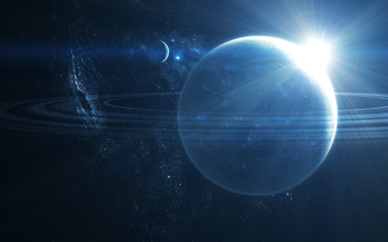 Planet with Rings in Space — Blue, Dramatic, Digital Art, Moon