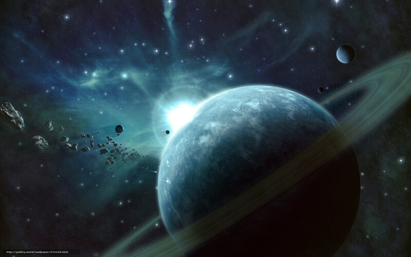 Planet with Rings in Space — Blue, Dramatic, Digital Art, Stars, Asteroids, Nebula