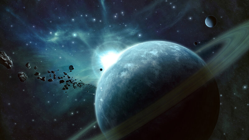 Planet with Rings in Space — Blue, Dramatic, Digital Art, Stars, Asteroids