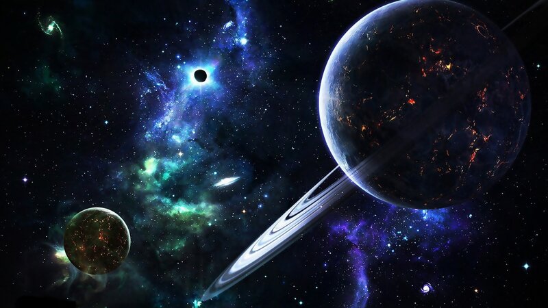 Planet with Rings in Space — Blue, Dramatic, Digital Art, Stars, Nebula, Planets