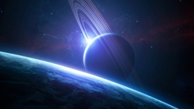Planet with Rings in Space — Blue, Dramatic, Digital Art, Stars, Nebula
