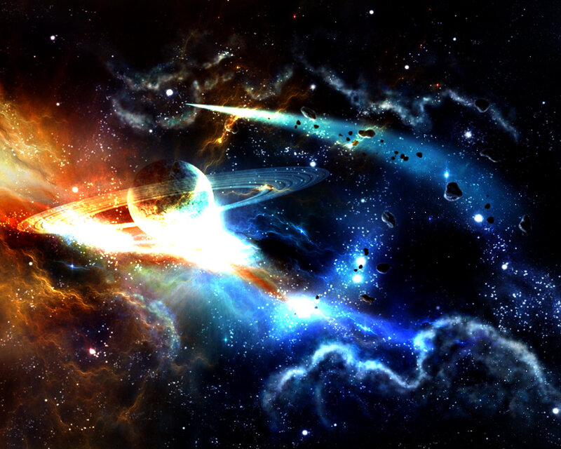 Planet with Rings in Space — Blue, Dramatic, Digital Art, Stars