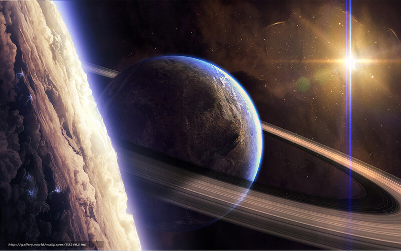 Planet with Rings in Space — Blue, Dramatic, Digital Art