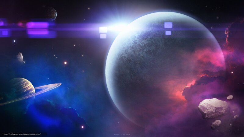 Planet with Rings in Space — Blue, Dramatic, Night, Digital Art, Asteroids