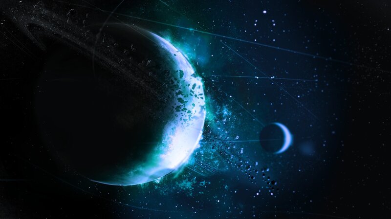 Planet with Rings in Space — Blue, Dramatic, Night, Digital Art, Moon, Asteroids