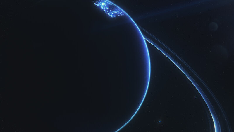 Planet with Rings in Space — Blue, Dramatic, Night, Digital Art, Moons