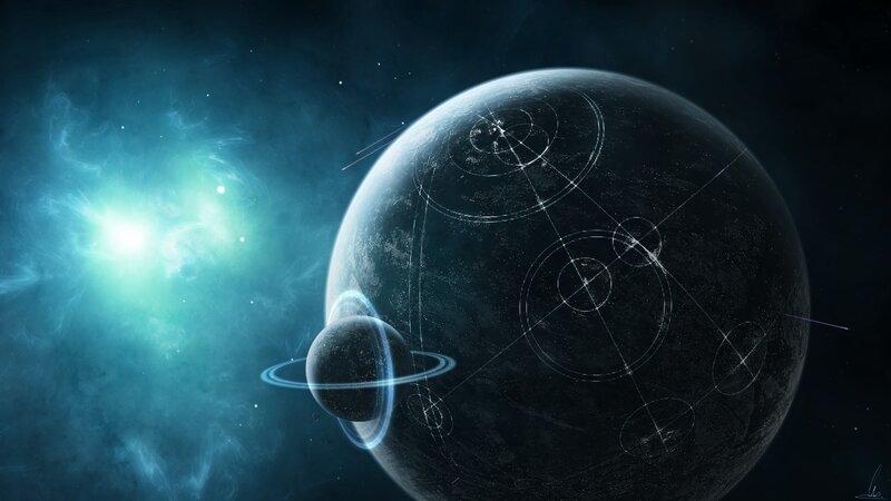 Planet with Rings in Space — Blue, Dramatic, Night, Digital Art, Nebula