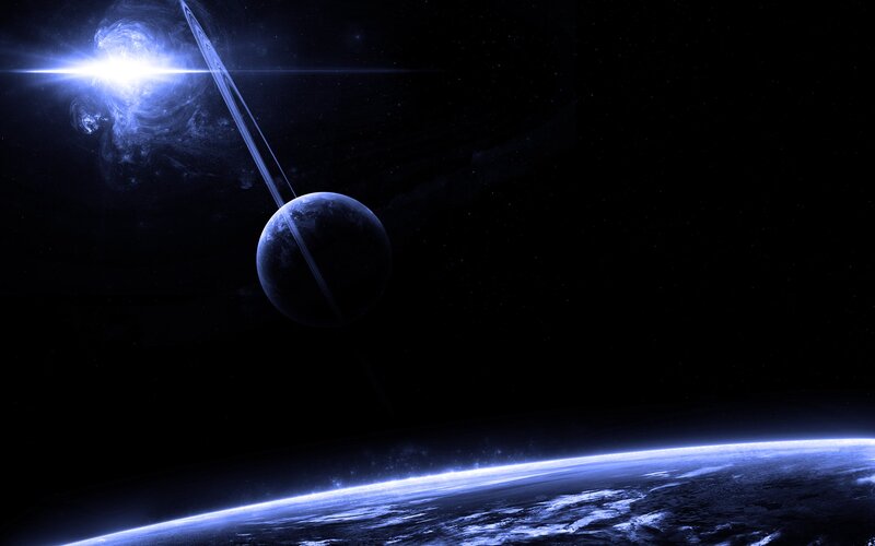 Planet with Rings in Space — Blue, Dramatic, Night, Digital Art, Star, Black