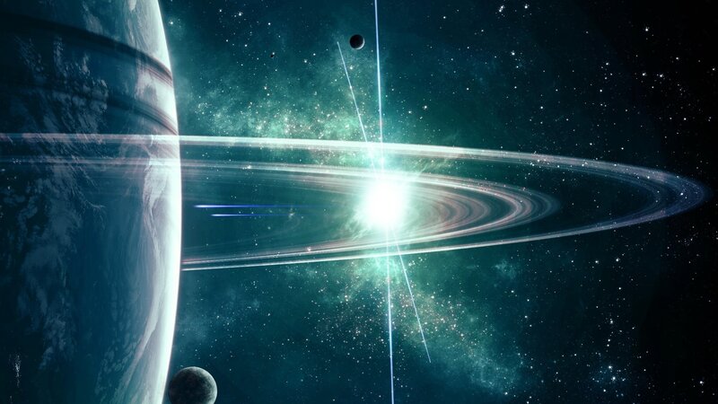 Planet with Rings in Space — Blue, Dramatic, Night, Digital Art, Stars, Moon