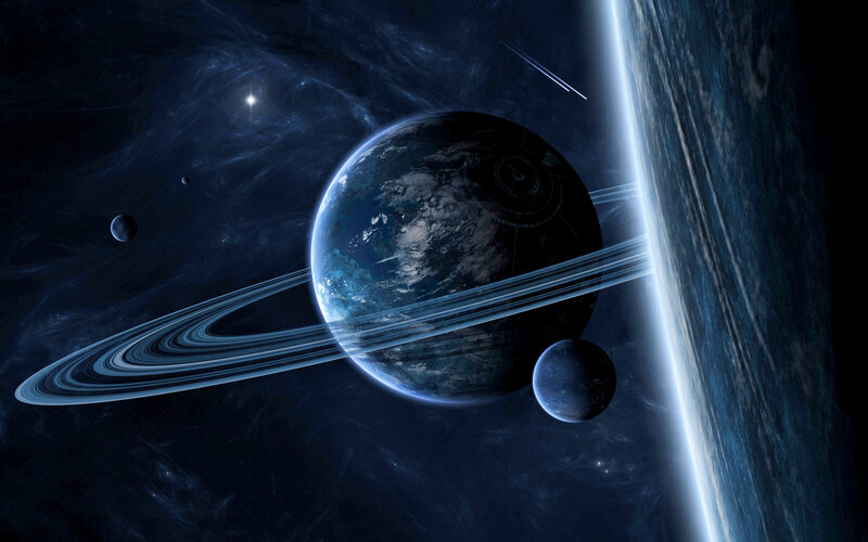 Planet with Rings in Space — Blue, Dramatic, Night, Digital Art, Stars, Moons, Nebula