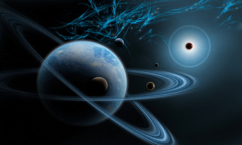 Planet with Rings in Space — Blue, Dramatic, Night, Digital Art, Stars, Moons
