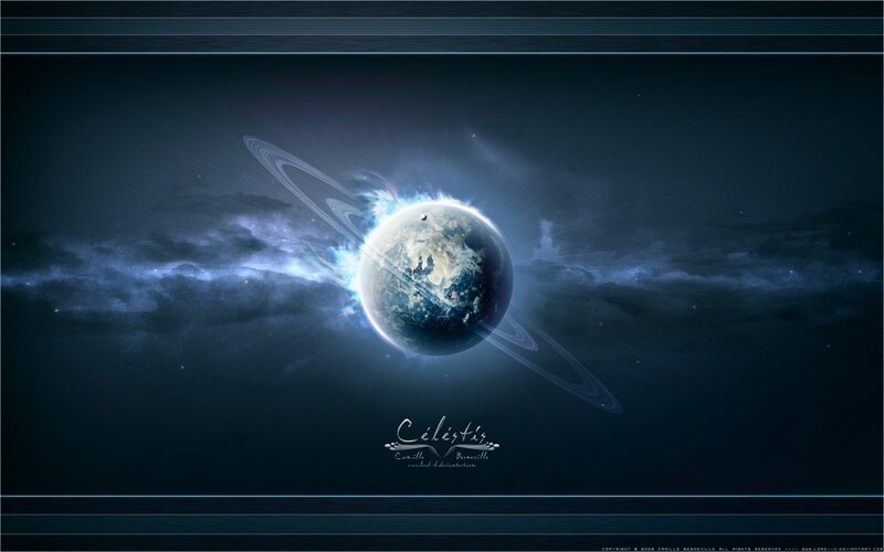 Planet with Rings in Space — Blue, Dramatic, Night, Digital Art, Stars, Nebula, Black