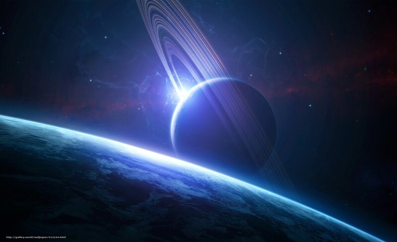 Planet with Rings in Space — Blue, Dramatic, Night, Digital Art, Stars, Nebula