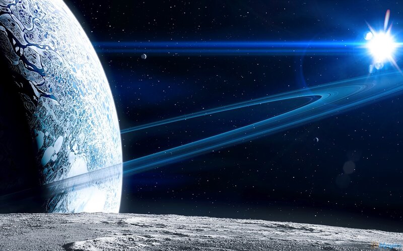 Planet with Rings in Space — Blue, Dramatic, Night, Digital Art, Stars