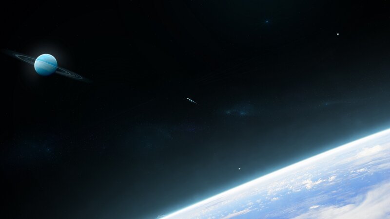 Planet with Rings in Space — Blue, Serene, Digital Art