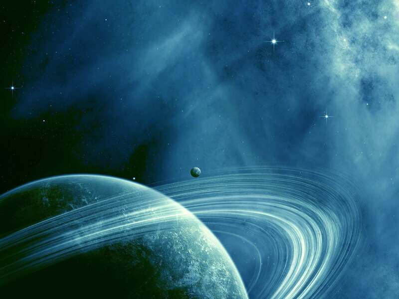 Planet with Rings in Space — Blue, Serene, Night, Digital Art, Stars, Moon, Nebula