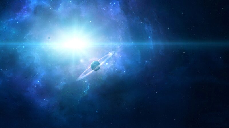 Planet with Rings in Space — Blue, Serene, Night, Digital Art