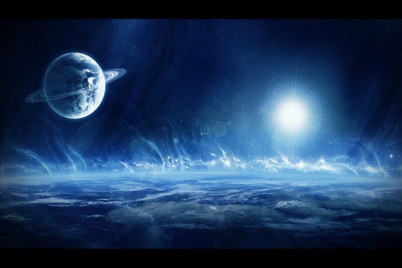 Planet with Rings in Space — Blue, Serene, Night