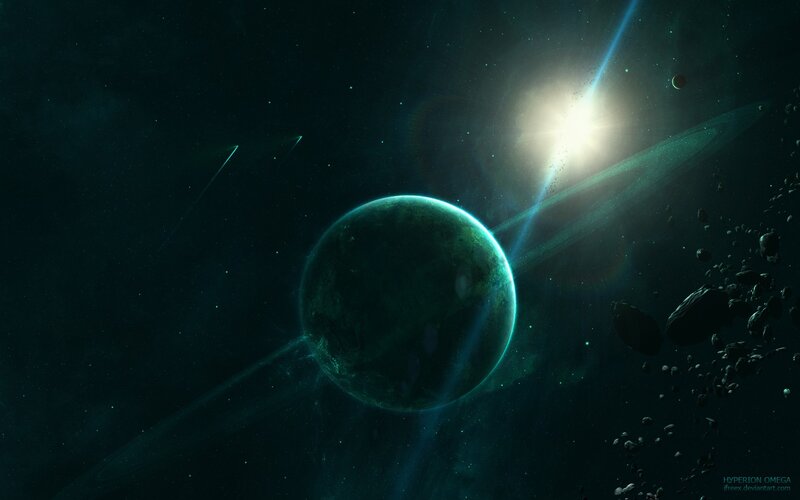 Planet with Rings in Space — Green, Dramatic, Digital Art, Sun