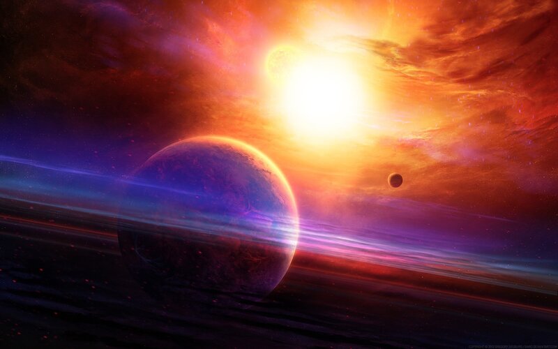 Planet with Rings in Space — Orange, Dramatic, Digital Art, Star, Moon