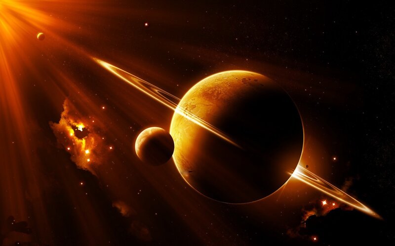 Planet with Rings in Space — Orange, Dramatic, Digital Art, Stars, Moon