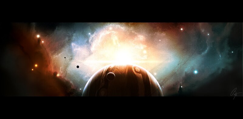 Planet with Rings in Space — Orange, Dramatic, Digital Art, Stars