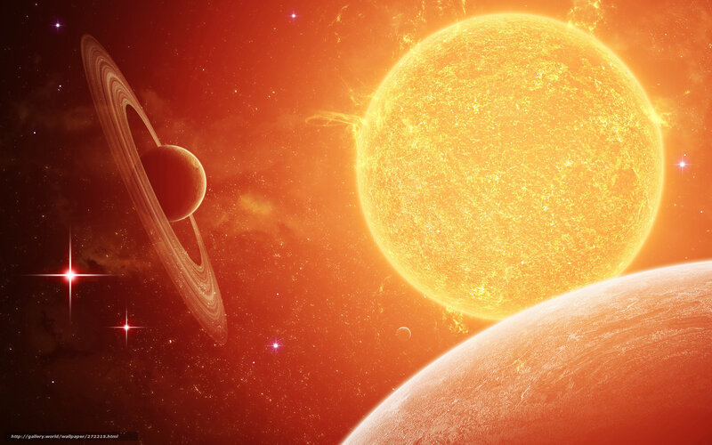 Planet with Rings in Space — Orange, Dramatic, Digital Art, Sun, Stars