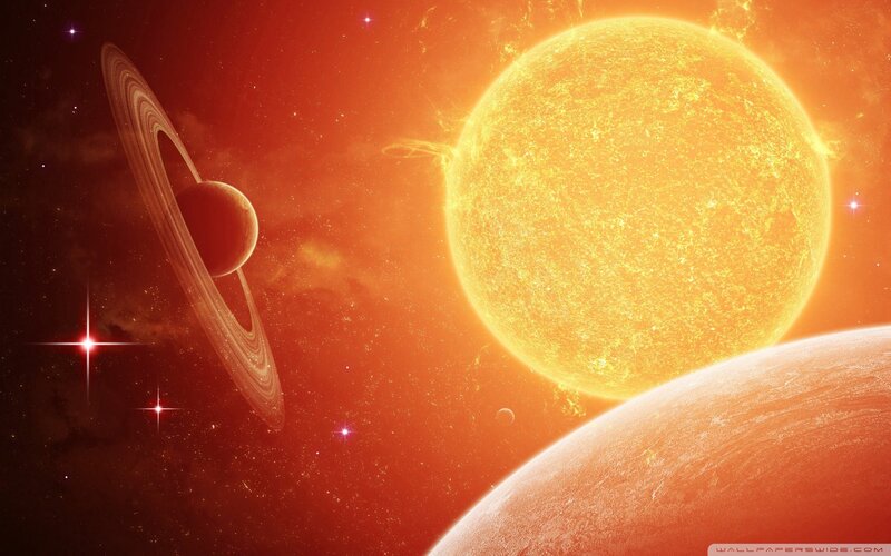 Planet with Rings in Space — Orange, Dramatic, Digital Art, Sun