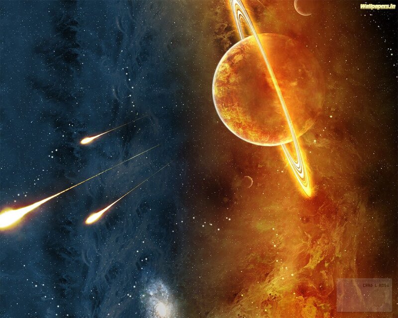 Planet with Rings in Space — Orange, Dramatic, Digital Art
