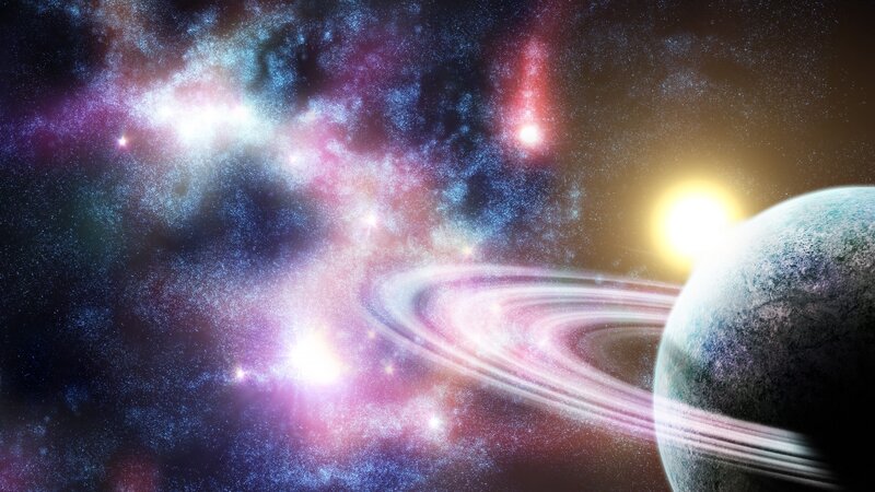 Planet with Rings in Space — Purple, Cosmic, Digital Art, Stars, Nebula