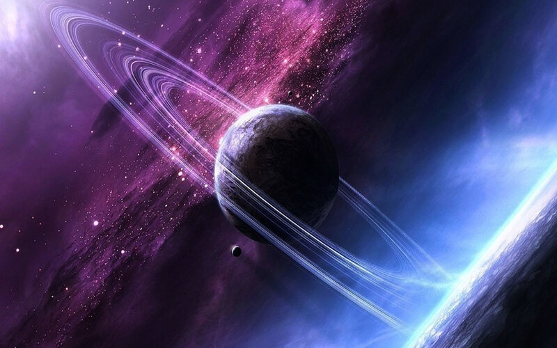 Planet with Rings in Space — Purple, Cosmic, Digital Art, Stars