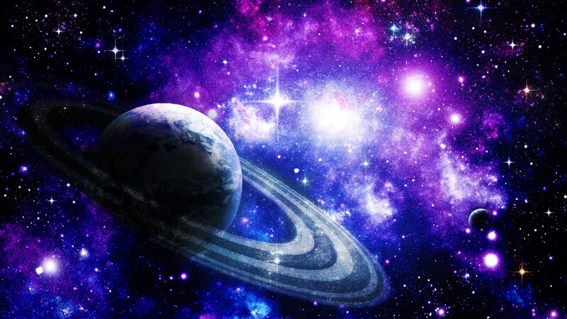 Planet with Rings in Space — Purple, Cosmic, Digital Art