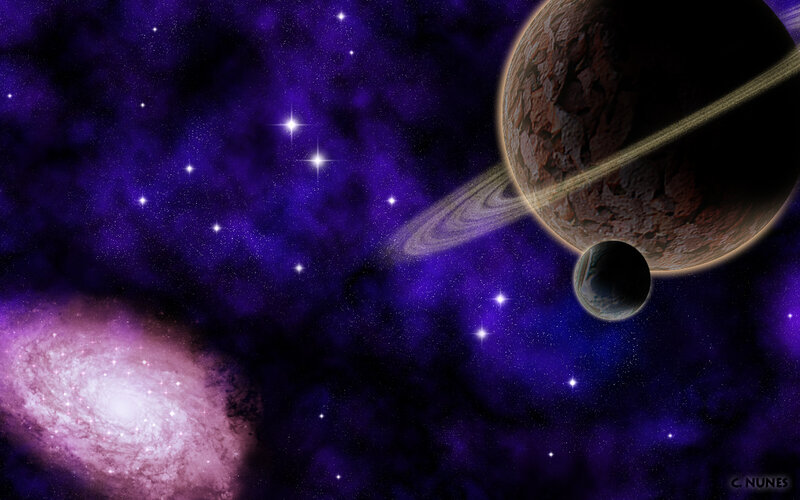 Planet with Rings in Space — Purple, Cosmic, Night, Digital Art, Stars, Galaxy