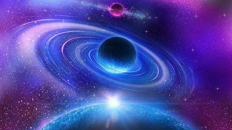 Planet with Rings in Space — Purple, Cosmic, Night, Digital Art, Stars, Planets