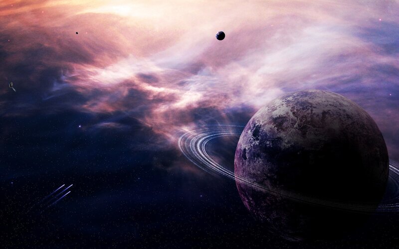 Planet with Rings in Space — Purple, Dramatic, Digital Art, Stars, Nebula, Spacecraft