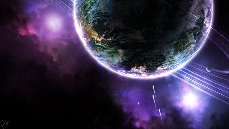 Planet with Rings in Space — Purple, Dramatic, Digital Art