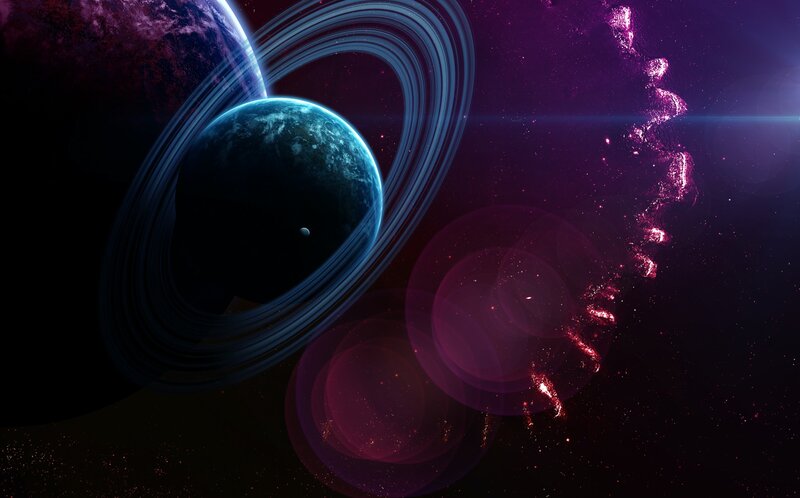 Planet with Rings in Space — Purple, Dramatic, Night, Digital Art, Nebula