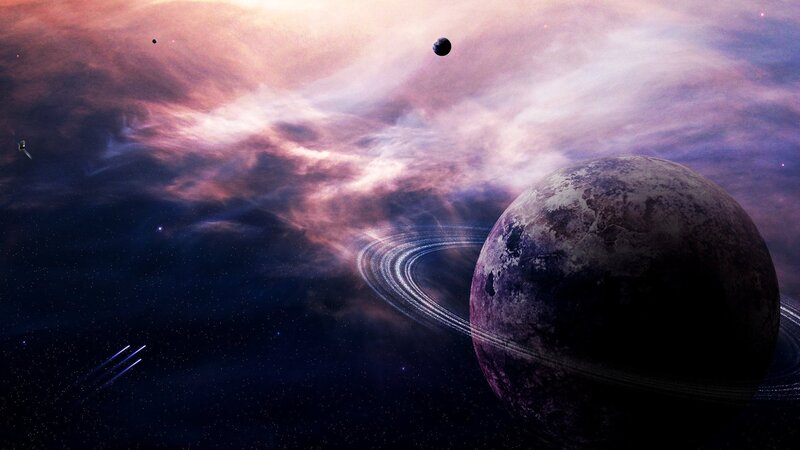 Planet with Rings in Space — Purple, Dramatic, Night, Digital Art, Stars, Nebula, Satellite