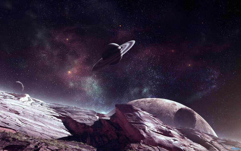 Planet with Rings in Space — Purple, Dramatic, Night, Digital Art, Stars, Nebula