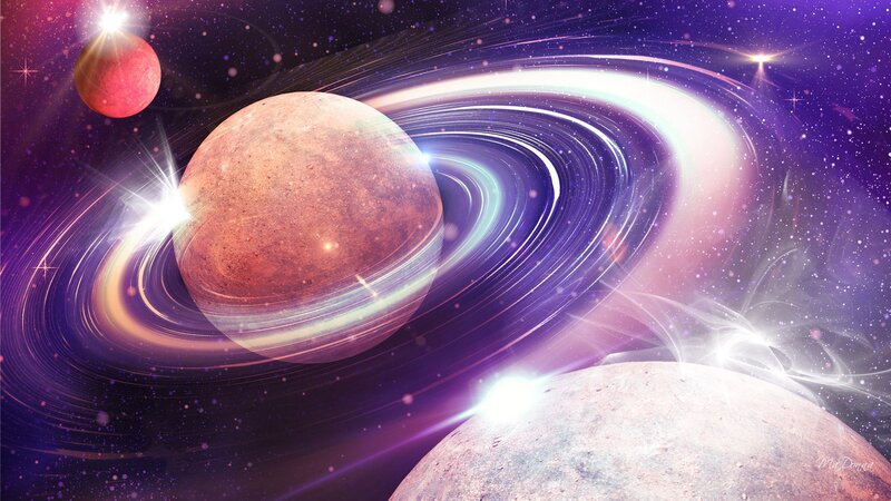 Planet with Rings in Space — Purple, Dramatic, Night, Digital Art, Stars