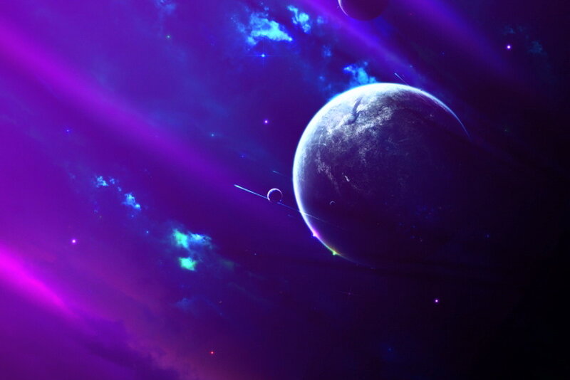 Planet with Rings in Space — Purple, Dramatic, Night, Digital Art