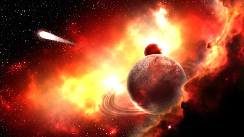 Planet with Rings in Space — Red, Dramatic, Digital Art, Comet