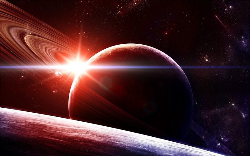 Planet with Rings in Space — Red, Dramatic, Digital Art, Stars, Galaxy
