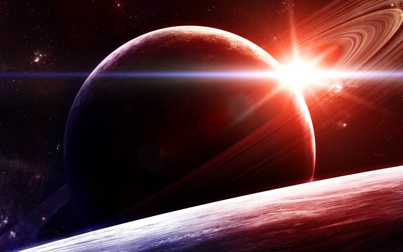 Planet with Rings in Space — Red, Dramatic, Digital Art, Stars