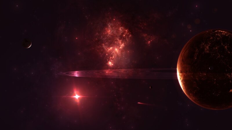 Planet with Rings in Space — Red, Dramatic, Night