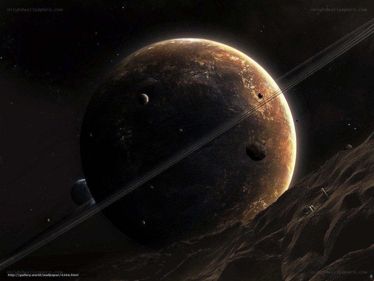 Planet with rings in space